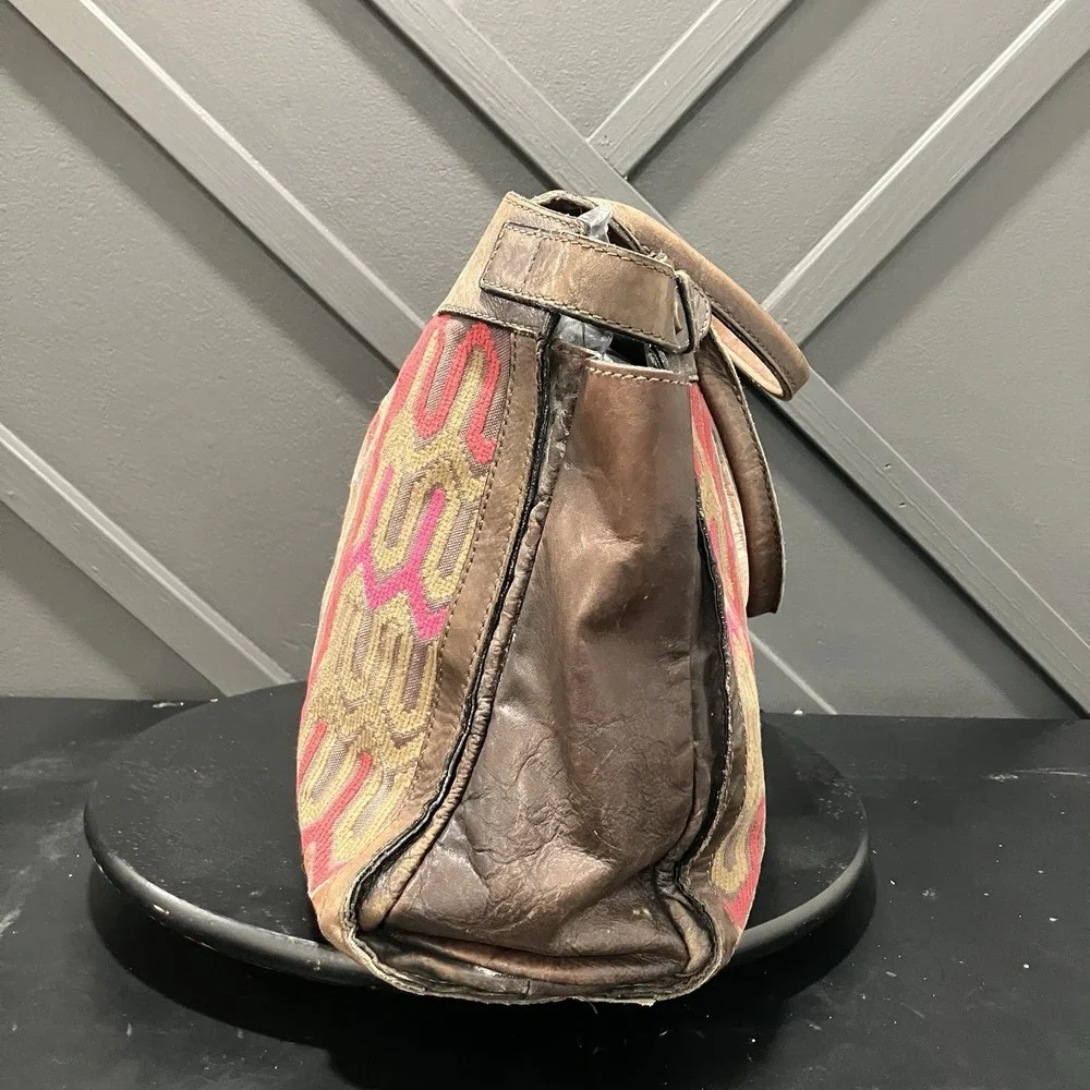 Fossil Vintage Leather Tapestry Satchel Handbag Boho Floral Key Charm Brown